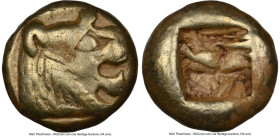 LYDIAN KINGDOM. Alyattes or Walwet (ca. 610-546 BC). EL 1/12 stater or hemihecte (7mm, 1.07 gm). NGC VF 4/5 - 4/5. Sardes mint. Head of lion right, mo...