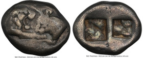 LYDIAN KINGDOM. Croesus (561-546 BC). AR third-stater (15mm, 3.47 gm). NGC Fine 5/5 - 4/5. Confronted foreparts of lion left facing right, and bull ri...