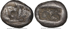 LYDIAN KINGDOM. Croesus (561-546 BC). AR third-stater (13mm, 3.50 gm). NGC Fine 5/5 - 2/5. Confronted foreparts of lion left facing right, and bull ri...