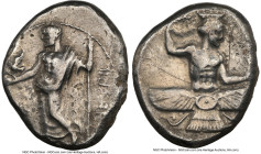CILICIA. Mallus. Tiribazus (ca. 388-380 BC). AR stater (23mm, 5h). NGC Choice Fine, scratches. MAΛ (Greek) / TRYBZW (Aramaic), Ba'al, nude to waist, s...