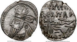 PARTHIAN KINGDOM. Osroes II (ca. AD 190-208). AR drachm (20mm, 3.61 gm, 11h). NGC Choice AU 5/5 - 3/5. Ecbatana. Diademed and draped bust left, with l...