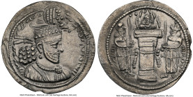 SASANIAN KINGDOM. Hormizd II (AD 303-309). AR drachm (27mm, 4.21 gm, 2h). NGC AU 4/5 - 2/5, edge chip. Bust of Hormizd right, wearing eagle crown with...