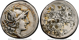 Anonymous (ca. 206-195 BC). AR denarius (17mm, 4h). NGC Choice VF. Rome, Star series. Head of Roma right, head of Roma right, wearing earring, beaded ...