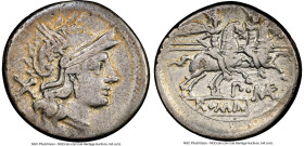 P. Maenius (ca. 194-190 BC). AR denarius (19mm, 11h). NGC VF. Rome. Head of Roma right, wearing earring, beaded necklace, and winged helmet decorated ...
