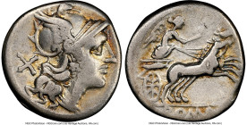 Anonymous (ca. 157-156 BC). AR denarius (17mm, 6h). NGC Choice Fine. Rome. Head of Roma right, wearing pendant earring, necklace and winged helmet wit...