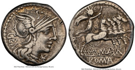 M. Aburius Geminus (ca. 132 BC). AR denarius (29mm, 3.78 gm, 9h). NGC VF 5/5 - 3/5, edge cut. Rome. GEM, head of Roma right, wearing pendant earring, ...