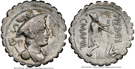 C. Mamilius Limetanus (ca. 82 BC). AR serratus denarius (20mm, 5h). NGC Choice Fine, bankers mark. Rome. Draped bust of Mercury right, wearing winged ...