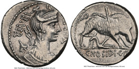C. Hosidius C.f. Geta (ca. 68 or 64 BC). AR denarius (17mm, 3.64 gm, 5h). NGC Choice XF 2/5 - 3/5, edge cut, brushed. Rome. GETA / III•VIR, draped bus...