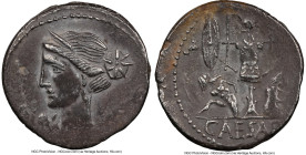 Julius Caesar, as Dictator (49-44 BC). AR denarius (19mm, 3.79 gm, 4h). NGC Choice XF 3/5 - 2/5. Military mint traveling with Caesar in Spain, late 46...