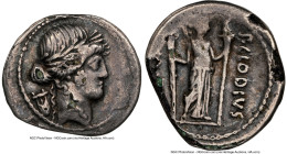 P. Clodius M.f. Turrinus (42 BC). AR/AE fourrée denarius (20mm, 9h). NGC VF, core visible. Ancient forgery of Rome denarius. Laureate head of Apollo r...
