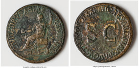 Tiberius (AD 14-37). AE sestertius (34mm, 23.10 gm, 6h). Choice Fine, tooled. Rome, ca. AD 22-23. CIVITATIBVS ASIAE RESTITVTIS, Tiberius seated left o...