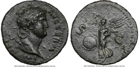 Nero, as Augustus (AD 54-68). AE as (28mm, 10.94 gm, 5h). NGC XF 4/5 - 2/5. Rome, AD 66. IMP NERO CAESAR-AVG GERM, laureate head of Nero right / Victo...