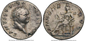 Titus, as Caesar (AD 79-81). AR denarius (18mm, 2.80 gm, 7h). NGC Choice VF 5/5 - 2/5. Rome, AD 77-78. T CAESAR VESPASIANVS, laureate head of Titus ri...