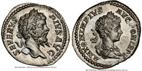 Septimius Severus (AD 193-211). AR denarius (20mm, 2.91 gm, 6h). NGC Choice AU 5/5 - 4/5 Rome, AD 201. SEVERVS PIVS AVG, laureate head of Septimius Se...