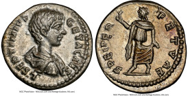 Geta, as Augustus (AD 209-211). AR denarius (20mm, 11h). NGC AU. Laodicea ad Mare, ca. AD 198-200. L SEPTIMIVS-GETA CAES, bare headed, draped and cuir...