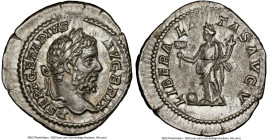 Geta, as Augustus (AD 209-211). AR denarius (19mm, 6h). NGC Choice XF. Rome, AD 210-212. P SEPT GETA PIVS-AVG BRIT, laureate head of Geta right / LIBE...