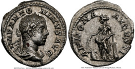Elagabalus (AD 218-222). AR denarius (18mm, 12h). NGC AU. Rome. IMP ANTO-NINVS AVG, laureate, draped bust of Elagabalus right, seen from behind / ANNO...