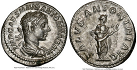 Elagabalus (AD 218-222). AR denarius (20mm, 11h). NGC AU. Rome. IMP CAES M AVR-ANTONINVS AVG, laureate, draped bust of Elagabalus right, seen from beh...