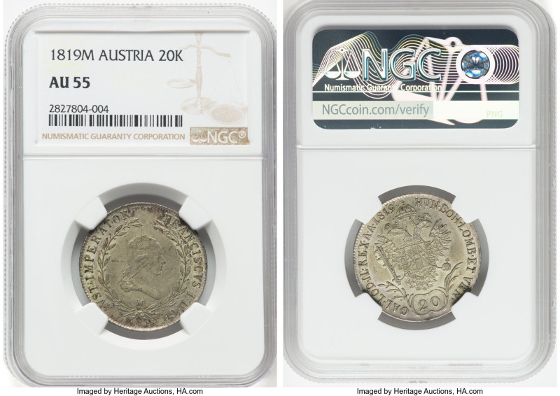 Franz I 20 Kreuzer 1819-M AU55 NGC, Milan mint, KM2143. HID09801242017 © 2022 He...