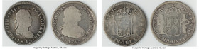 Pair of Uncertified Assorted 2 Reales Fine, 1) Ferdinand VII 2 Reales 1813 So-FJ, Santiago mint, KM79. 26.9mm. 6.37gm 2) Charles IV 2 Reales 1799 So-D...