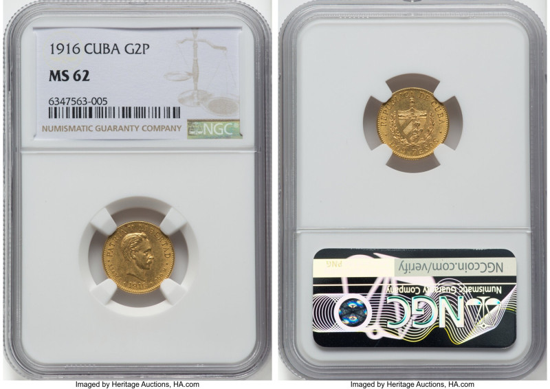 Republic gold 2 Pesos 1916 MS62 NGC, Philadelphia mint, KM17. HID09801242017 © 2...