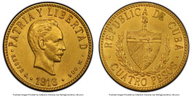 Republic gold 4 Pesos 1916 AU Details (Cleaned) PCGS, Philadelphia mint, KM18. HID09801242017 © 2022 Heritage Auctions | All Rights Reserved