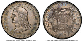 Republic 5 Francos 1858-GJ AU58 PCGS, Quito mint, KM39, Fonrobert-8325. A stunningly beautiful one-year type featuring a unique Capped Bust Libertad d...