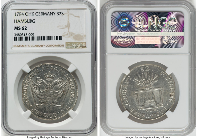 Hamburg. Free City 32 Schilling 1794-OHK MS62 NGC, Hamburg mint, KM509. Flashy u...