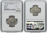 George I "South Sea Company" Shilling 1723-SSC MS62 NGC, KM539.3, S-3647. First bust. Alternating C & SS in quarters. Struck from silver supplied by t...