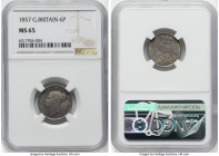 Victoria 6 Pence 1857 MS65 NGC, KM733.1, S-3908. Arsenic-gray and teal toned. HID09801242017 © 2022 Heritage Auctions | All Rights Reserved