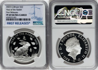 Elizabeth II silver Proof "Year of the Rabbit" 2 Pounds (1 oz) 2023 PR69 Ultra Cameo NGC, KM-Unl. First Releases. Accompanied by original case of issu...