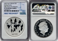 Elizabeth II silver Proof "Rolling Stones" 5 Pounds (2 oz) 2022 PR70 Ultra Cameo NGC, KM-Unl. Limited Edition Presentation 550. First Releases. Celebr...