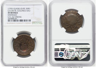 French Colony. Louis XV Counterstamped 3 Sols 9 Deniers ND (1793) XF Details (Damaged) NGC, KM1, "RF" counterstamp (AU Strong) on French Colonial 12 D...
