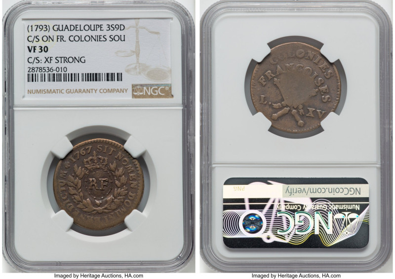 French Colony. Louis XV Counterstamped 3 Sols 9 Deniers ND (1793) VF30 NGC, KM1....