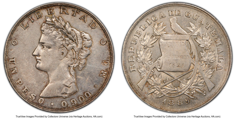 Republic Peso 1889-MG AU Details (Cleaned) NGC, Nuevo Guatemala mint, KM208. Min...