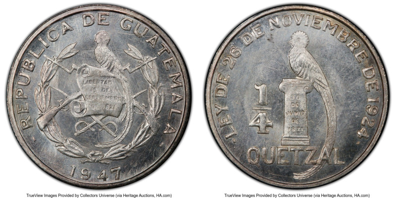 Republic 1/4 Quetzal 1947 MS65+ PCGS, Guatemala City mint, KM243.2. Die Polish m...