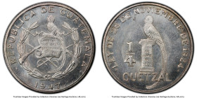 Republic 1/4 Quetzal 1947 MS65+ PCGS, Guatemala City mint, KM243.2. Die Polish marks visible on brilliant untoned Semi-Prooflike fields. HID0980124201...