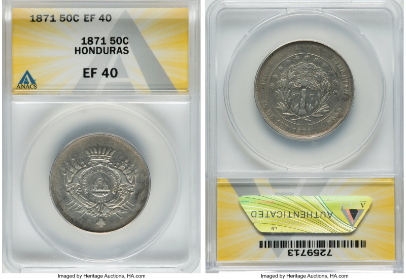 Republic 50 Centavos 1871 XF40 ANACS, Tegucigalpa mint, KM37. One year type. HID...