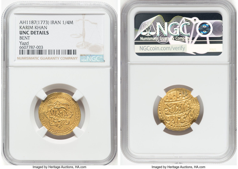 Karim Khan (AH 1166-1193 / AD 1753-1779) gold 1/4 Mohur AH 1187 (1773/1774) UNC ...