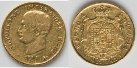 Kingdom of Napoleon. Napoleon I gold 40 Lire 1811-M VF (Damaged), Milan mint, KM12. 26mm, 12.80gm. An ever-so-slight bend and a couple of gouges compo...