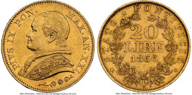 Papal States. Pius IX gold 20 Lire Anno XXI (1866)-R AU58 NGC, Rome mint, KM1382.2. Reeded Edge. HID09801242017 © 2022 Heritage Auctions | All Rights ...