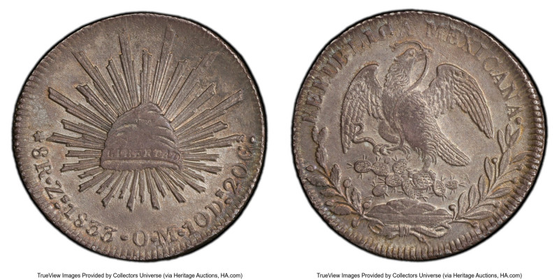 Republic 8 Reales 1833 Zs-OM AU58 PCGS, Zacatecas mint, KM377.13, DP-Zs13. Only ...