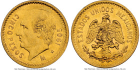 Estados Unidos gold 5 Pesos 1905-M AU58 NGC, Mexico City mint, KM464. Mintage: 18,000. First-year of the issue and also the most scarce due to it's ti...