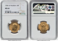 Nicholas II gold 10 Roubles 1904-AP MS64 NGC, St. Petersburg mint, KM-Y64, Fr-179. Olive toned with muted luster. HID09801242017 © 2022 Heritage Aucti...