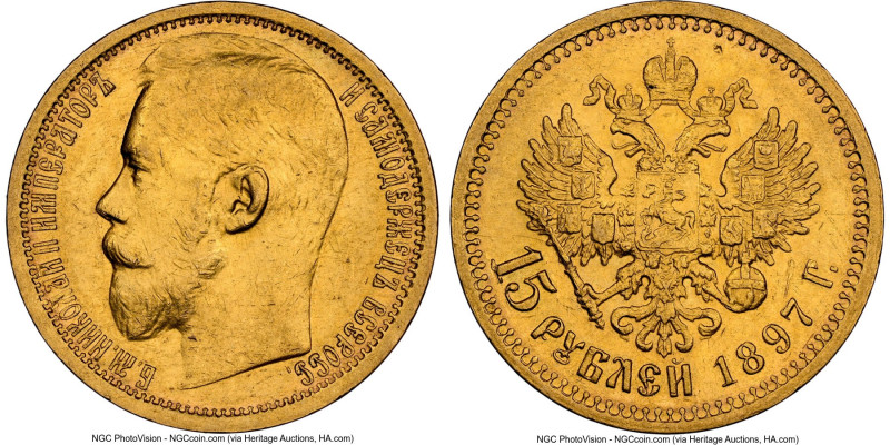 Nicholas II gold 15 Roubles 1897-AΓ AU Details (Spot Removals) NGC, St. Petersbu...