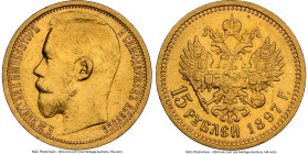 Nicholas II gold 15 Roubles 1897-AΓ AU Details (Spot Removals) NGC, St. Petersburg mint, KM-Y65.1, Fr-177, Bit-2. Wide Rim. From the Robert S. Sloan C...