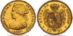 Isabel II gold 10 Escudos 1867 AU58 NGC, Madrid mint, KM636.1, Cal-813. HID09801242017 © 2022 Heritage Auctions | All Rights Reserved
