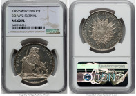 Confederation "Schwyz Shooting Festival" 5 Francs 1867 MS62 Prooflike NGC, Bern mint, KM-XS9, Richter-1070. Comes with (Steve Ivy) dealer tag. HID0980...