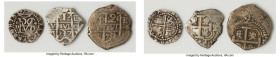 Trio of South American Assorted Cob Issues, 1) Peru. Philip II Cob 1/2 Real ND (1577-1588)-D Fine (Holed), Lima mint. 1.72gm 2) Bolivia. Philip V Cob ...