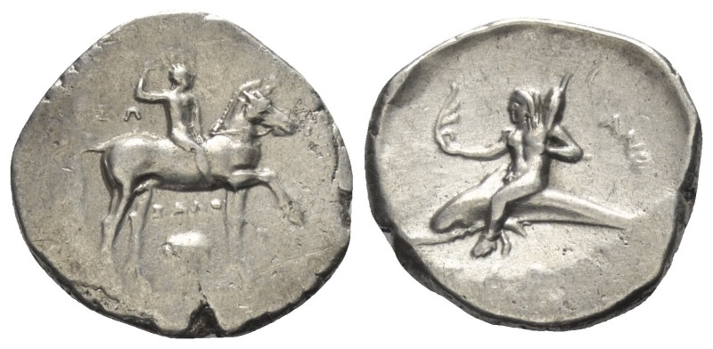 Kalabrien. Tarent.

 Didrachme oder Nomos (Silber). Ca. 281 - 272 v. Chr.
Vs:...